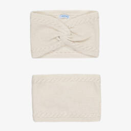 Mayoral-طقم قبعة وقفازات وسكارف محبوك لون عاجي برّاق للبنات الرضع | Childrensalon