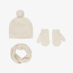 Mayoral-طقم قبعة وقفازات وسكارف محبوك لون عاجي برّاق للبنات الرضع | Childrensalon