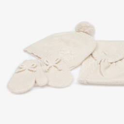 Mayoral-طقم قبعة وقفازات وسكارف محبوك لون عاجي برّاق للبنات الرضع | Childrensalon