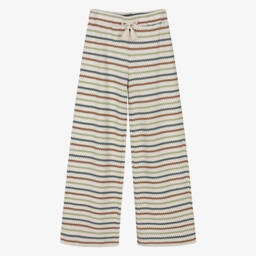 Girls Ivory & Green Striped Crochet Trousers
