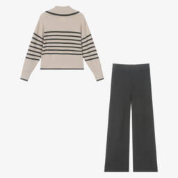 Mayoral-Girls Ivory & Grey Stripe Knitted Trouser Set | Childrensalon