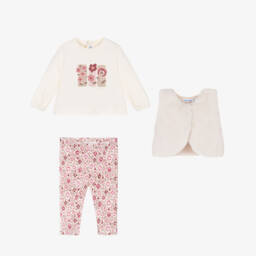 Mayoral-Girls Ivory & Pink Floral Cotton Leggings Set | Childrensalon