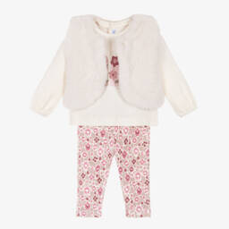 Mayoral-Girls Ivory & Pink Floral Cotton Leggings Set | Childrensalon