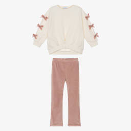 Mayoral-Girls Ivory & Pink Leggings Set with Velvet Bows | Childrensalon