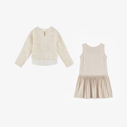 Mayoral-Girls Ivory Sequin & Beige Pleated Dress Set | Childrensalon