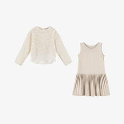 Mayoral-Girls Ivory Sequin & Beige Pleated Dress Set | Childrensalon