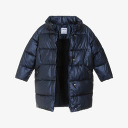 Mayoral-Girls Navy Blue Hooded Puffer Coat with Faux Fur Trim | Childrensalon