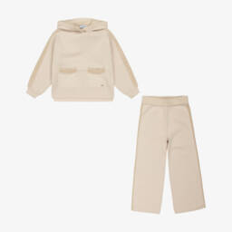 Mayoral-Girls Pale Beige Knitted Hoodie & Trouser Set | Childrensalon