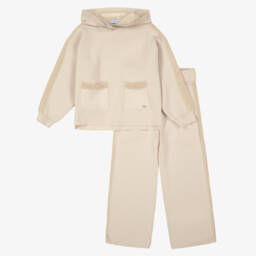 Mayoral-Girls Pale Beige Knitted Hoodie & Trouser Set | Childrensalon
