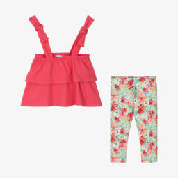 Mayoral-Girls Pink & Green Floral Cotton Leggings Set | Childrensalon