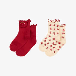 Mayoral-Girls Red Strawberry & Cream Cotton Socks (2 Pack) | Childrensalon