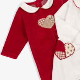 Mayoral Для новорожденных-Girls Red & White Velour Babygrows with Heart Appliqués (2 Pack) | Childrensalon