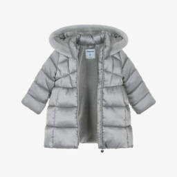 Mayoral-Girls Silver Grey Hooded Puffer Coat | Childrensalon