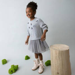 Mayoral-طقم فستان تول لون رمادي برّاق للبنات  | Childrensalon