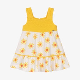 فستان بطبعة ورود قطن جيرسي لون أبيض وأصفر للبنات 