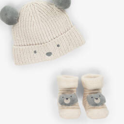 Mayoral Newborn-Ivory Knitted Bear Baby Hat & Booties Set | Childrensalon