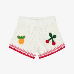 Girls Ivory Crochet Knit Beach Shorts with Fruit Patches