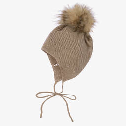 Mebi-Beige Knitted Wool & Alpaca Pom-Pom Hat | Childrensalon
