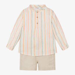 Mebi-Boys Beige Cotton & Linen Shorts Set | Childrensalon