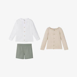 Mebi-طقم شورت قطن لون بيج وأخضر للأولاد | Childrensalon