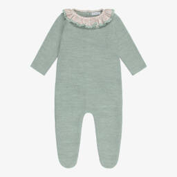 Girls Green Knitted Babygrow with Floral Ruffle Collar