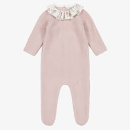 Girls Pink Knitted Babygrow with Balloon Print Collar