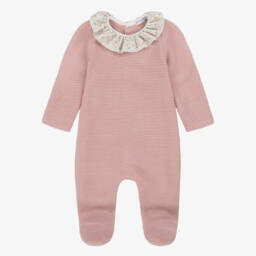 Mebi-Girls Pink Knitted Babygrow with Floral Ruffle Collar | Childrensalon