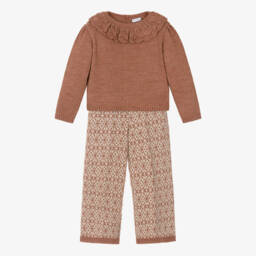 Mebi-Girls Terracotta & Beige Wool Knit Trouser Set | Childrensalon