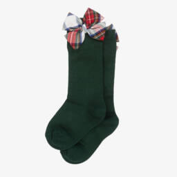 Meia Pata-Girls Dark Green Knee High Socks with Tartan Bows | Childrensalon