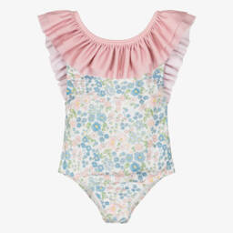Girls Pink & Blue Ruffle Swimsuit with Floral Print (UPF50+)