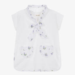 Girls White Cotton Hooded Poncho Towel with Lilac Floral Trims