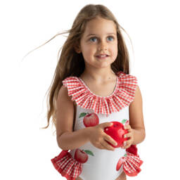 Meia Pata-Girls White & Red Apple Swimsuit (UPF50+) | Childrensalon