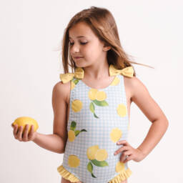 Meia Pata - Girls Yellow Lemon Print Swimsuit (UPF50+) | Childrensalon