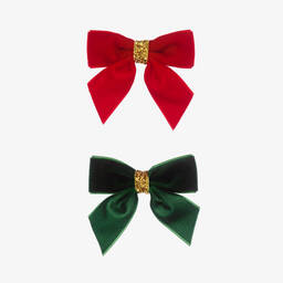 Phi Clothing-Girls Green & Red Tartan Shortie with Red Velvet Bows | Childrensalon