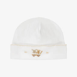 White Pima Cotton Hat with Toy Cart Motif