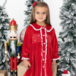 Mini Lunn-Girls Red Velour Smocked Dressing Gown | Childrensalon