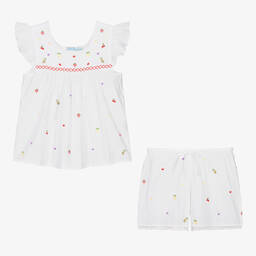 Mini Lunn-Girls White Cotton Embroidered Pyjamas | Childrensalon