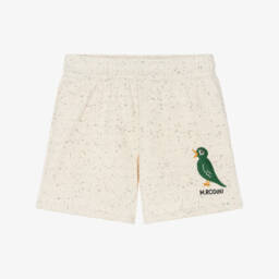Beige Organic Cotton Shorts with Embroidered Green Bird