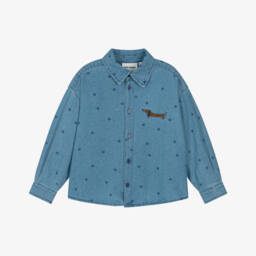 Blue Denim Polka Dot Shirt with Embroidered Dog Motif