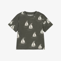 Mini Rodini-Boy Grey Sailing Boat Organic Cotton T-Shirt | Childrensalon