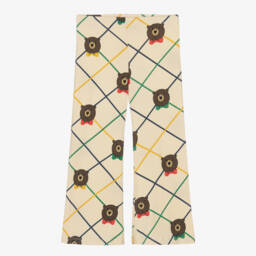 بنطلون بأرجل واسعة بطبعة دب قطن لون عاجي داكن للبنات 