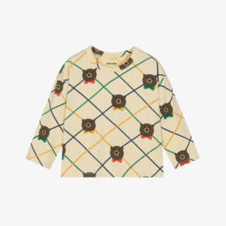 بلوزة بطبعة دب قطن لون عاجي داكن للبنات