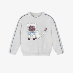 Свитшот серый меланжевый с изображением кота для девочек