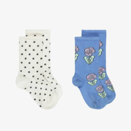 Girls Ivory & Blue Flower Socks (2 Pack)