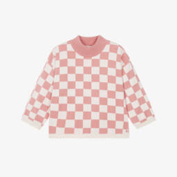 Girls Pink Checkerboard Knit Sweater in Organic Cotton