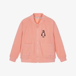 Girls Pink Fleece Zip-Up Top with Embroidered Penguin 