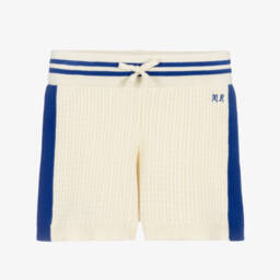 Ivory Cotton Cable Knit Shorts with Blue Trim