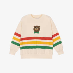 Ivory Organic Cotton Sweatshirt with Stripes & Bear Motif