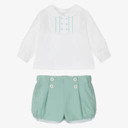 Miranda-Baby Boys White & Green Twill Shorts Set | Childrensalon