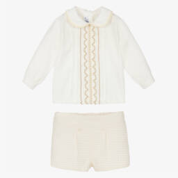 Miranda-Boys Ivory Waffle Cotton Shorts Set | Childrensalon